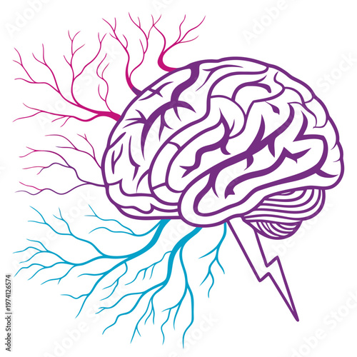 Creative medical illustration of human brain anatomy merging with organic root structures and lightning bolt symbol on clean white background vector.