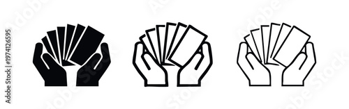 Hands holding fan of cards or documents icon set. Flat vector illustrations of hands receiving or dealing multiple papers.