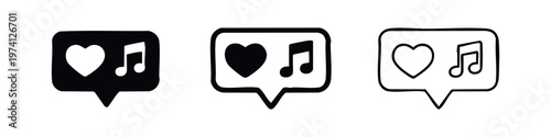 Love music message bubble icon set. Expressing affection for music or sharing a favorite song in social media.