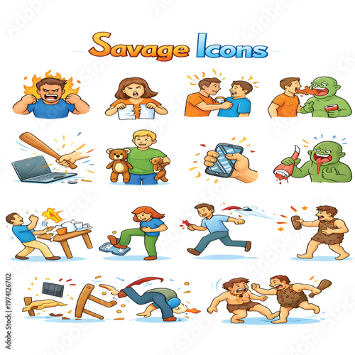 Savage Icons Set, Wild and Fierce Symbols Collection, Aggressive and Bold Expression Line Icons, Powerful Attitude Vector Pack