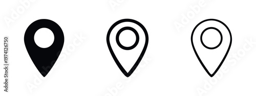 Map pin location marker icon set. GPS navigation, travel destination, and geographical pointer symbols in vector.