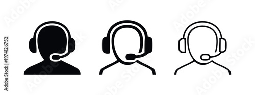Customer support call center operator icon set. Headset wearing person for assistance, helpdesk, or online service.