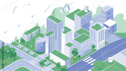 Aerial view of a cityscape featuring modern buildings and green urban spaces Vector