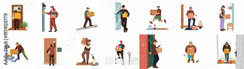 Collection of delivery workers and couriers in various scenes delivering parcels and cardboard boxes to residential homes and front doors.
