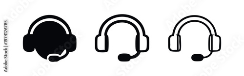 Headset with microphone for call center icon set. Audio communication device for customer service or virtual meetings.