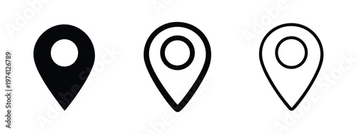 GPS navigation location map pin icon set. Point of interest, travel route, and address marker symbols in vector graphics.