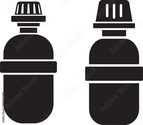 Two dropper bottle icons silhouettes, liquid container, medicine, science.