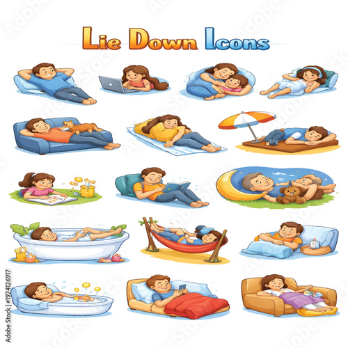Lie Down Icons Set, Resting and Sleeping Position Symbols, Relaxation and Reclining Line Icons, Human Pose Vector Collection