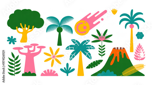 Vibrant tropical fruits and plants illustration with playful characters Vector
