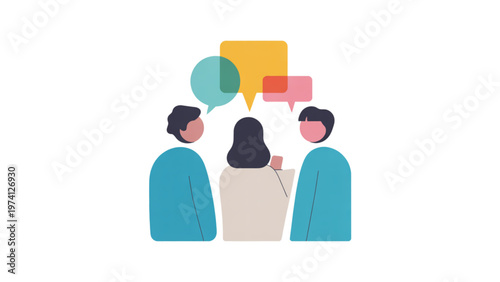 Three diverse individuals engaged in a conversation with speech bubbles Vector