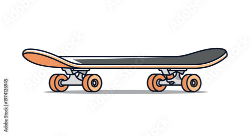 Skateboard with orange wheels and trucks.