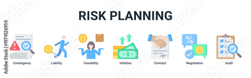 Risk Planning web banner icon vector illustration with icons of Contingency,Liability,Feasibility,Inflation,Contract,Negotiation and Audit
