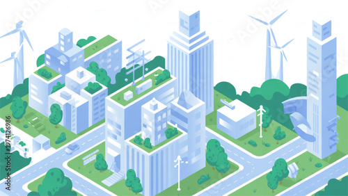 A futuristic cityscape with interconnected green infrastructure and renewable energy sources Vector