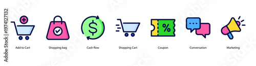E-Commerce Essentials web banner icon vector illustration featuring Add to Cart, Shopping Bag, Cash Flow, Shopping Cart, Coupon, Conversation, and Marketing.