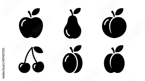 Silhouettes of various fruits including apples, pears, cherries, and plums on a white background