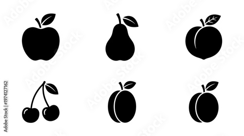 Collection of simple black fruit silhouettes including apple, pear, peach, and cherries on white background
