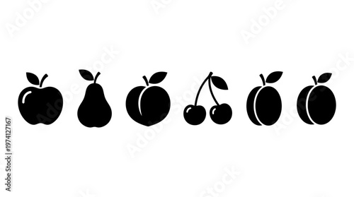 A collection of silhouetted fruits including apples, pears, and cherries on a white background