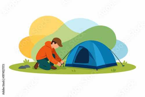 Man Pitching Blue Tent in Nature for Outdoor Camping Adventure
