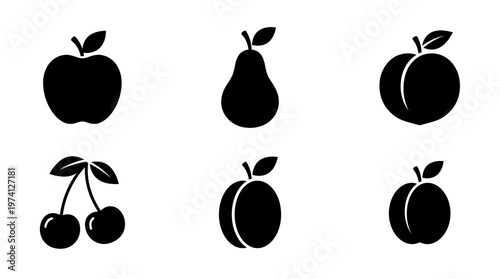 A collection of six black silhouette fruit icons including apple, pear, peach, and cherries on a white background