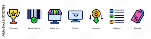 Digital Retail Tools web banner icon vector illustration featuring Champion, Barcode Scanner, Online Store, Monitor, Low Price, List Items, and Price Tag.