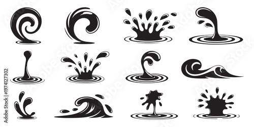 Set of Black and White Water Splash and Wave Icons for Graphic Design