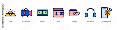 Digital Payment and Delivery web banner icon vector illustration featuring Gold, Video Camera, Money, Wallet, Delivery, Headphone, and Online Payment.