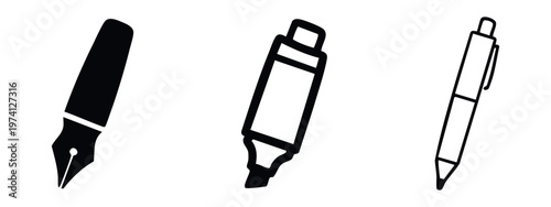 Writing instruments set with fountain pen, marker, and ballpoint pen icons in solid and outline styles.