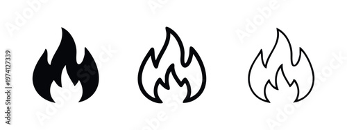 Fire flame icons set in solid, outline, and hand drawn styles. Hot and burning energy symbols.
