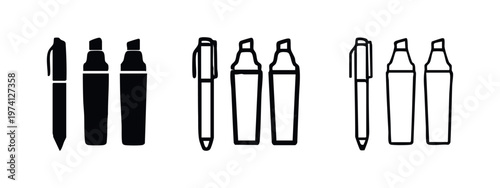 Pen and marker writing instruments icons set in solid, outline, and hand drawn styles.