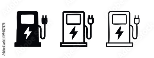 Electric vehicle charging station icons set with lightning bolt in solid, outline, and hand drawn styles.