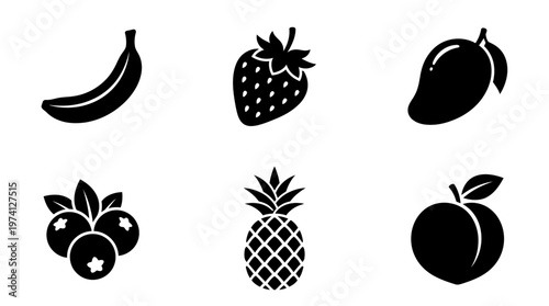A collection of black silhouette fruits including banana, strawberry, mango, blueberries, pineapple, and peach on a white background (1)