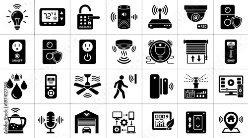 A collection of black and white icons representing smart home technology and devices