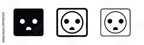 Electrical socket icons set with a surprised face expression in solid, outline, and hand drawn styles.