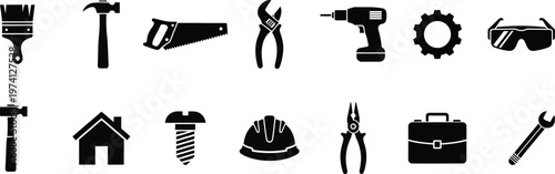 Black silhouette icons of various hand tools and construction equipment