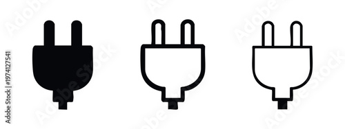 Electrical plug icons set in solid, outline, and hand drawn styles. Power and connection symbols.