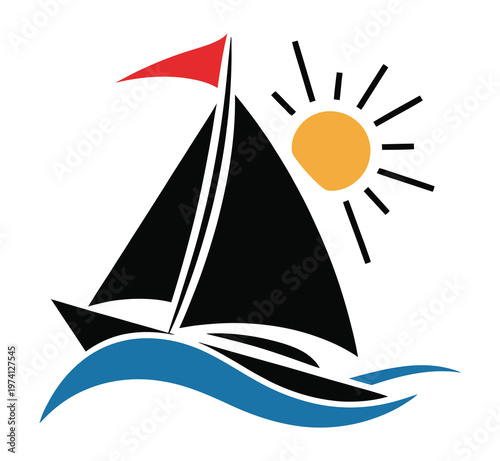 A blue sailboat with black sails cruises on blue waves under a yellow sun, bright marine illustration, calm ocean scenery, minimal flat design, travel and adventure theme for posters