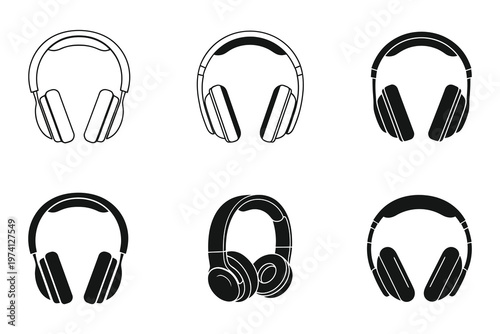 Title black and white headphone icons set diverse styles for audio listening description a collection of six distinct headphone icons in black