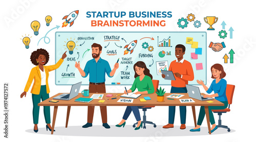 Team brainstorming session in a startup environment, discussing strategies and goals with charts