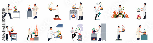 Collection of professional chefs in uniform cooking and tossing food in flaming woks and pans on kitchen stoves, flat vector illustration set.