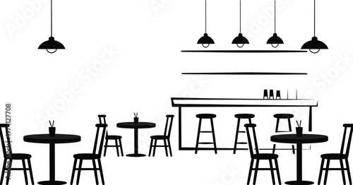 Minimalist black and white café interior illustration with tables, chairs, bar counter, pendant lights, symbolizing dining, coffee shop lifestyle, hospitality and modern restaurant design