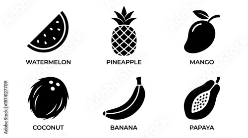 A vibrant assortment of tropical fruits displayed in a clean, modern layout for culinary use