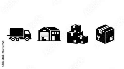 Delivery truck transporting packages to a warehouse with stacked boxes in the background