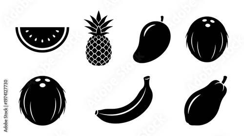 A collection of black silhouette fruits including watermelon, pineapple, mango, coconut, banana, and papaya on a white background