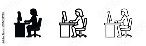 Woman working on desktop computer icon set. Female employee at office desk concept for business or education.
