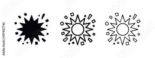 Explosion burst icon set. Star shape or sudden impact effect in various styles, ideal for comics or alerts.