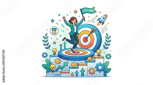 Cheerful businesswoman celebrating success on a target with arrows and growth symbols in the background