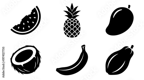 A collection of tropical fruits including watermelon, pineapple, mango, coconut, banana, and papaya on a white background