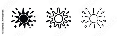 Sun shining icon set. Bright star or summer heat symbol in flat, outline, and hand-drawn styles for weather or energy.