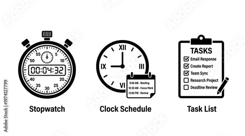 Stopwatch, clock schedule, and task list icons illustrating time management concepts