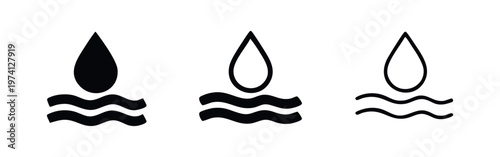 Water drop and waves icon set. Liquid and hydration symbol in multiple styles, clean water.